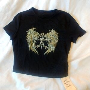 NWT Black Crop T-Shirt with Sparkle Wing Design